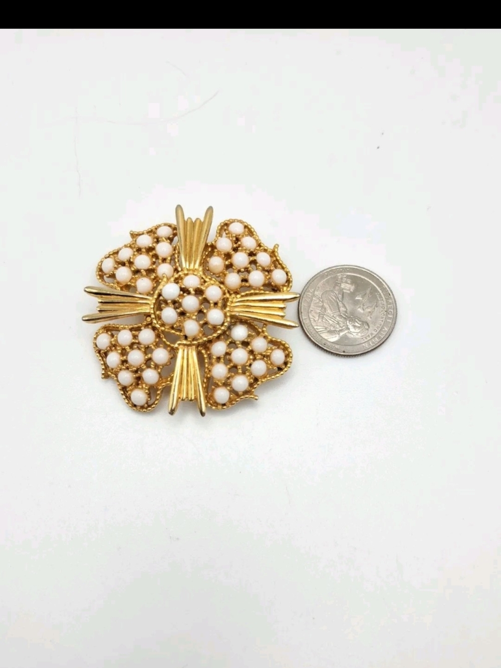 Hattie Carnegie Gold Tone Brooch With White Milk Glass Beads